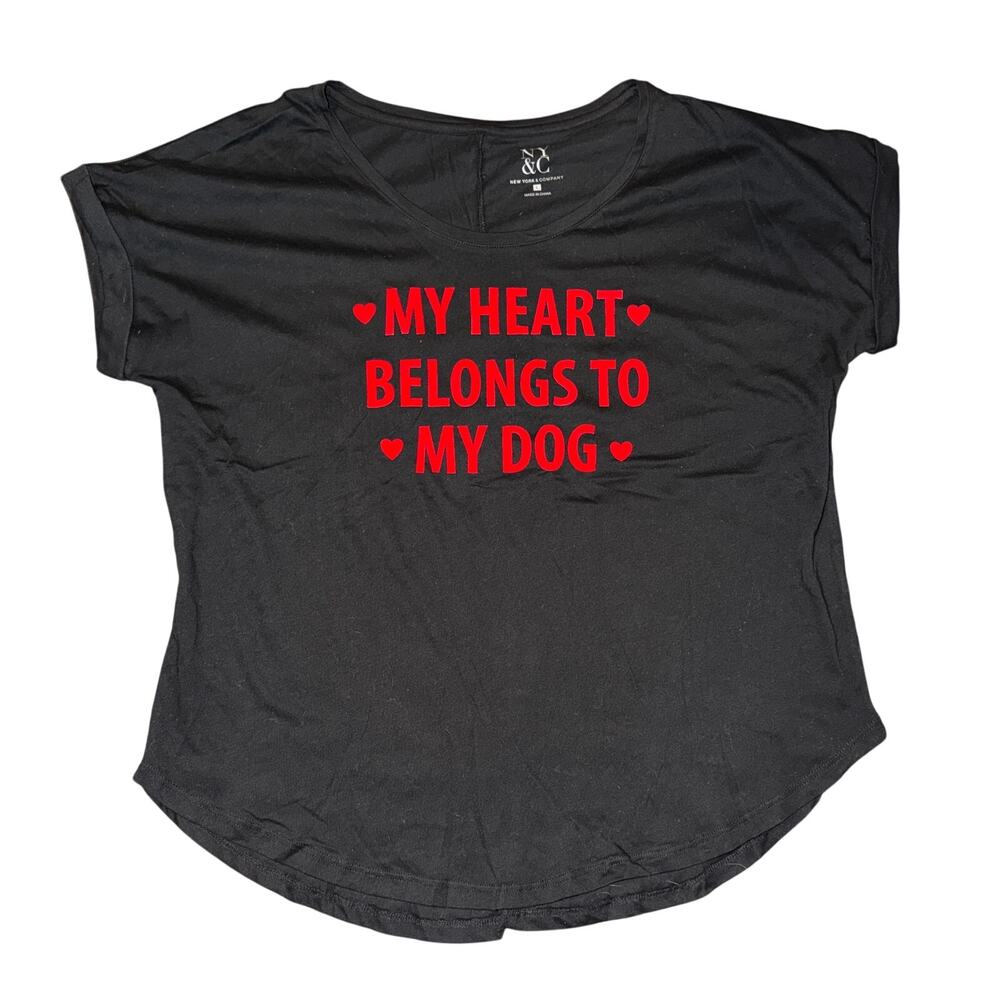 New York & Company My Heart Belongs To My Dog Short Sleeve Shirt Women's L Black